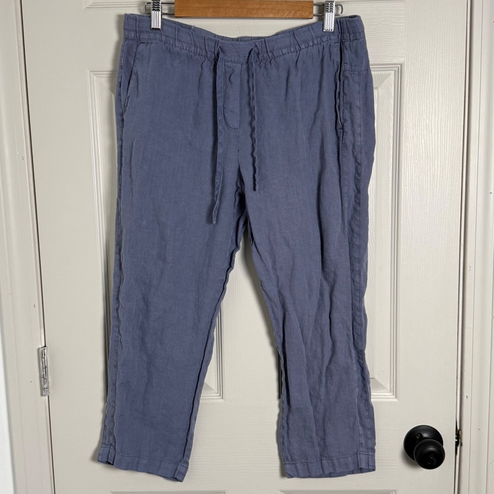 J.Jill 100% Linen Pants Garment Dyed Blue Petite Medium Cropped Coastal Boho